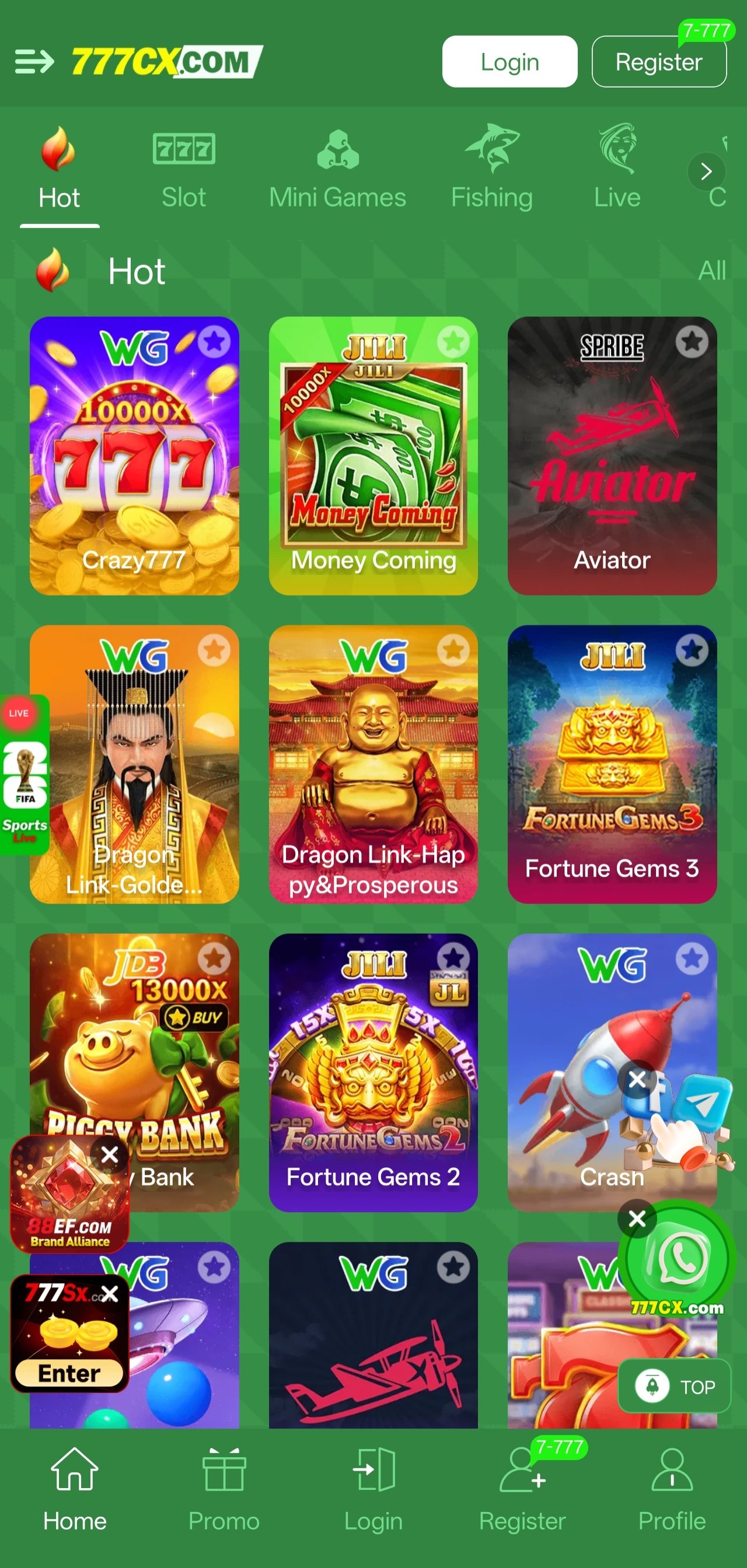 777cx app home screen showing the hot slot games lobby with Crazy777, Money Coming and Fortune Gems